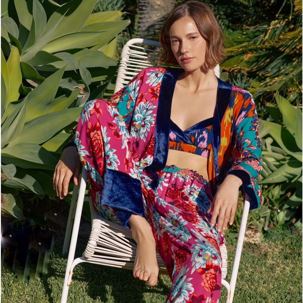 Anthropologie Velvet-Trimmed Three-Piece Pajama Set
